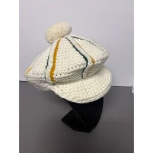 Hand Crocheted Cream Striped Pom Pom Hat‎ Cap Beanie